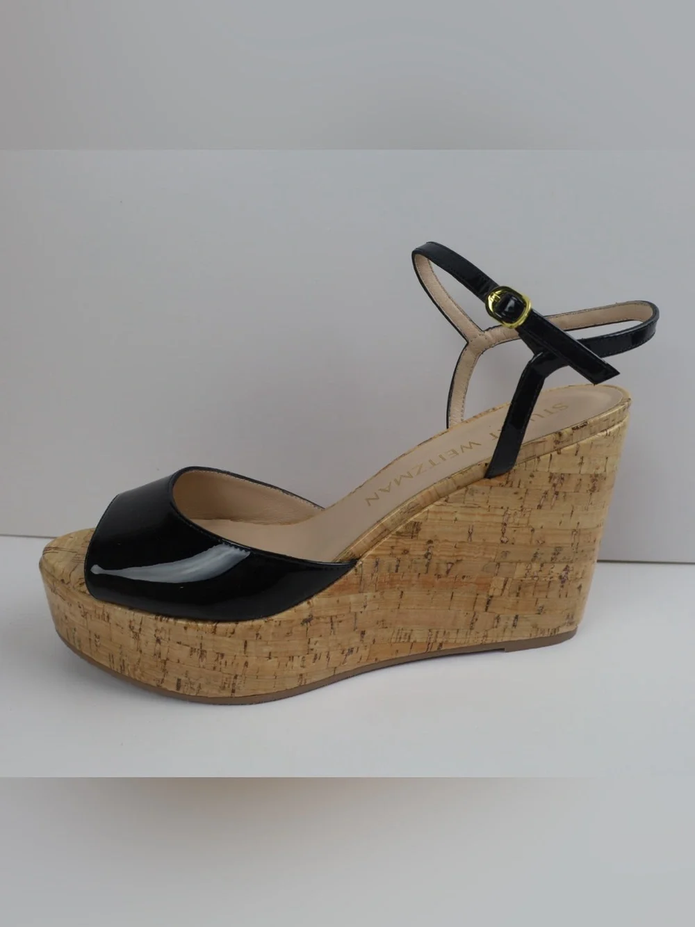 Stuart Weitzman Palmina Black Patent Leather Cork Wedge Sandal- 10- 0513
